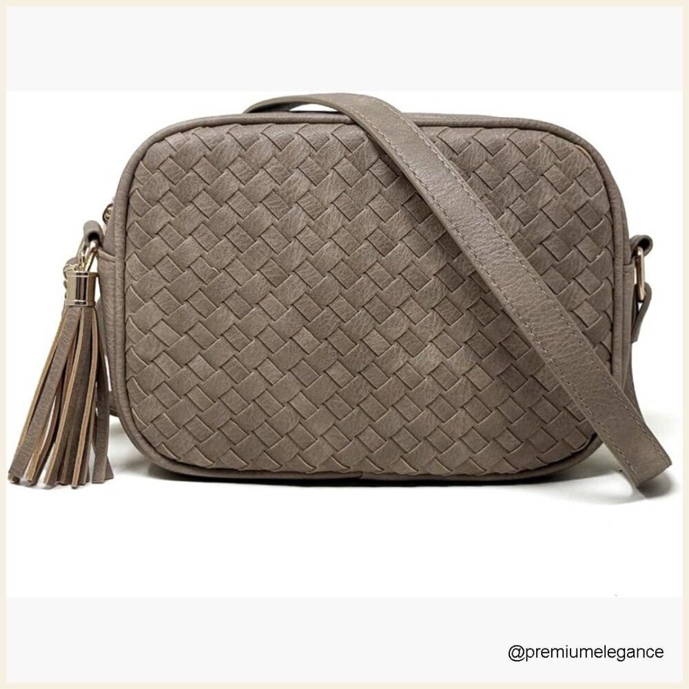 Small Woven Crossbody Bag with Tassel, Vegan Leather, Adjustable Strap, Spacious